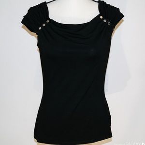 WHBM Black SS Shirt Silver Buttons Scoop Neck EUC